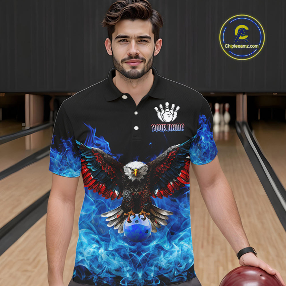 Blue Flame Smoke American Flag Eagle Skull Bowling Shirts Custom Patriotic Bowling Team Jersey