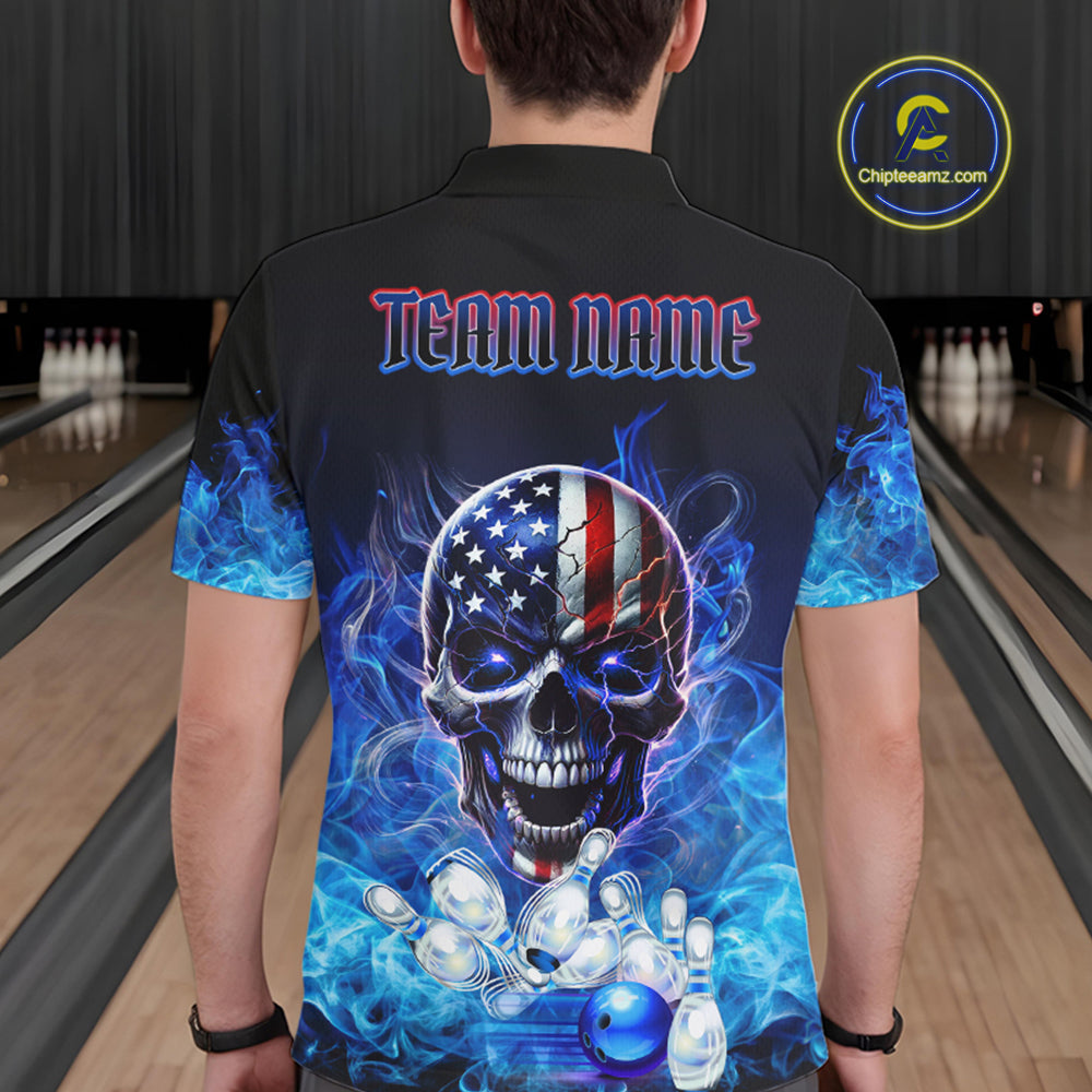 Blue Flame Smoke American Flag Eagle Skull Bowling Shirts Custom Patriotic Bowling Team Jersey
