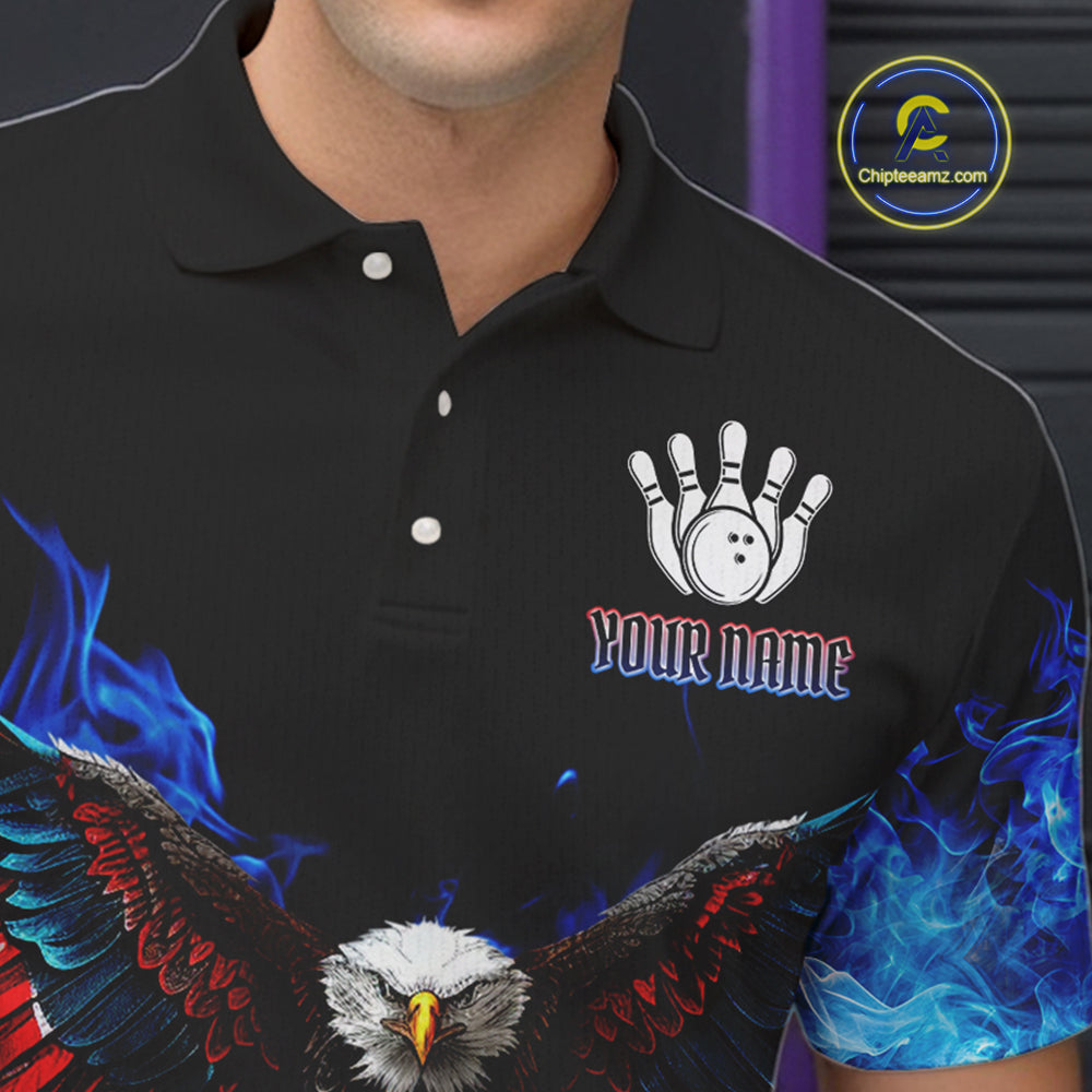 Blue Flame Smoke American Flag Eagle Skull Bowling Shirts Custom Patriotic Bowling Team Jersey
