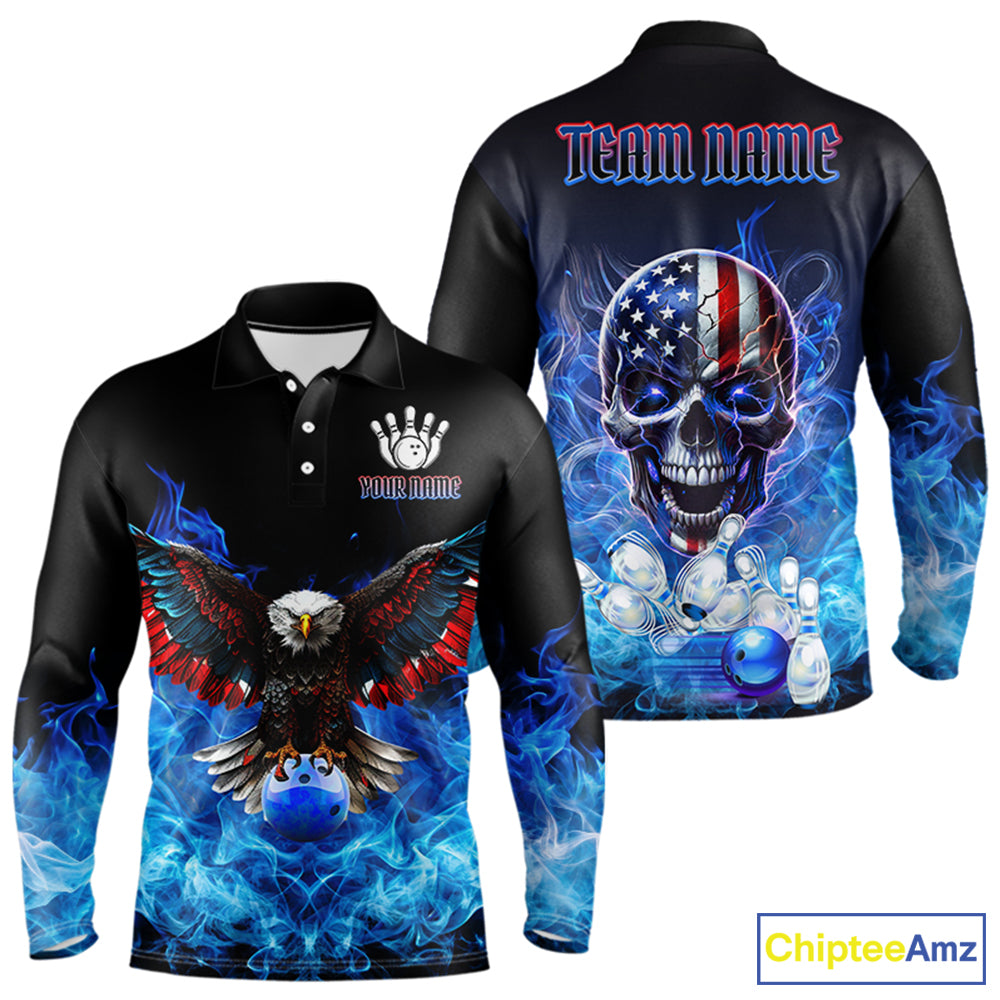 Blue Flame Smoke American Flag Eagle Skull Bowling Shirts Custom Patriotic Bowling Team Jersey