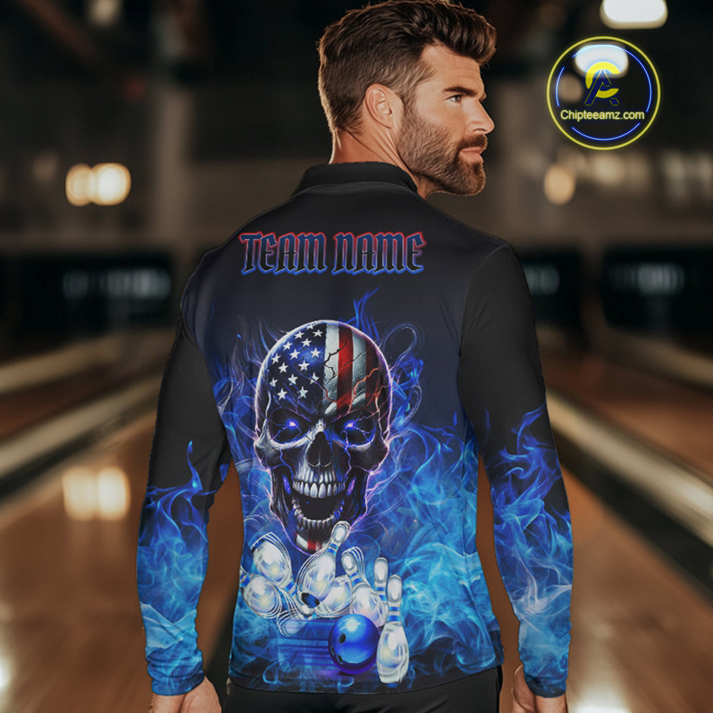 Blue Flame Smoke American Flag Eagle Skull Bowling Shirts Custom Patriotic Bowling Team Jersey