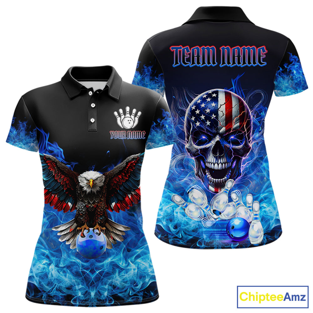 Blue Flame Smoke American Flag Eagle Skull Bowling Shirts Custom Patriotic Bowling Team Jersey