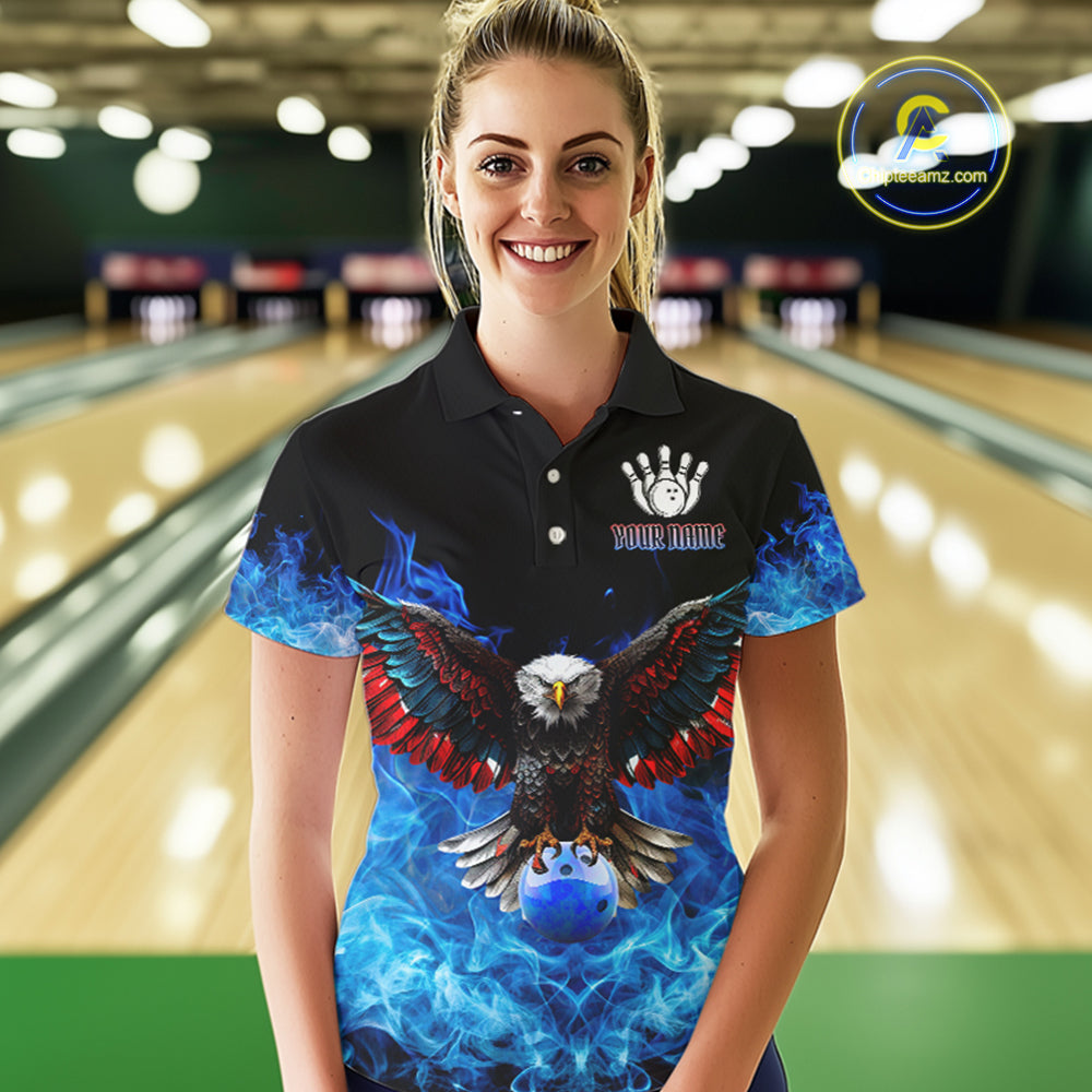 Blue Flame Smoke American Flag Eagle Skull Bowling Shirts Custom Patriotic Bowling Team Jersey