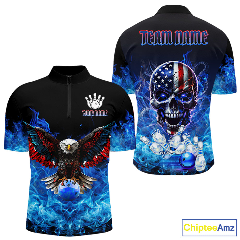 Blue Flame Smoke American Flag Eagle Skull Bowling Shirts Custom Patriotic Bowling Team Jersey