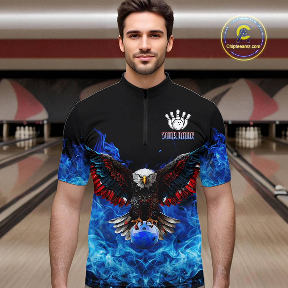 Blue Flame Smoke American Flag Eagle Skull Bowling Shirts Custom Patriotic Bowling Team Jersey