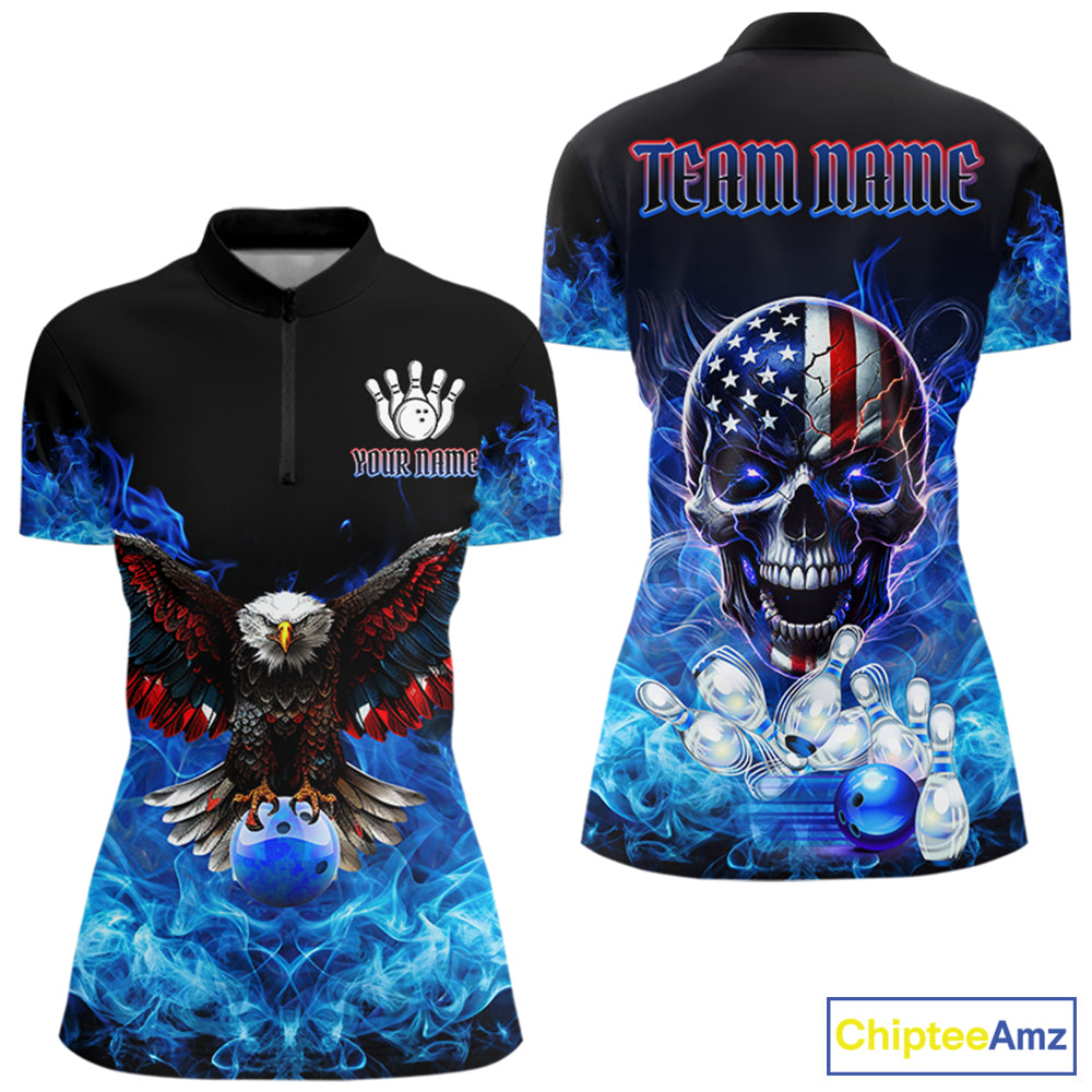 Blue Flame Smoke American Flag Eagle Skull Bowling Shirts Custom Patriotic Bowling Team Jersey
