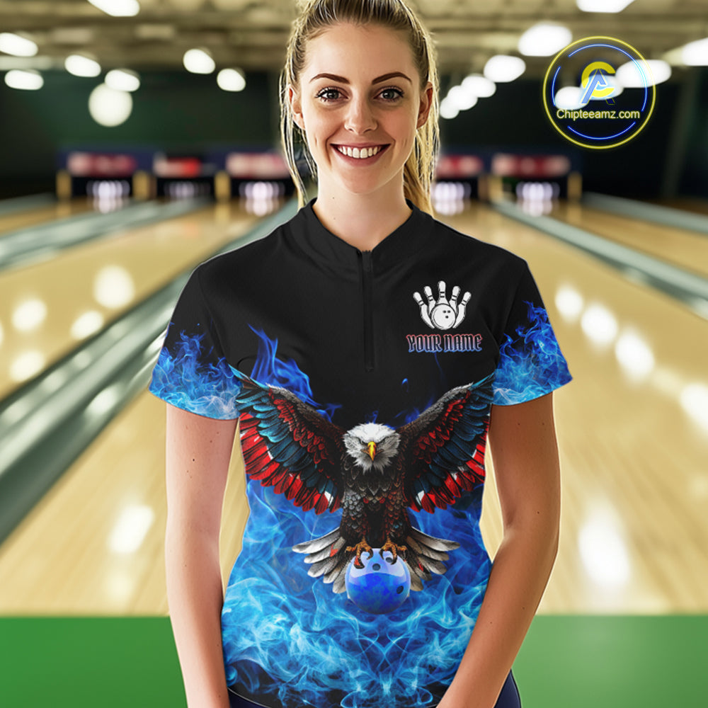 Blue Flame Smoke American Flag Eagle Skull Bowling Shirts Custom Patriotic Bowling Team Jersey