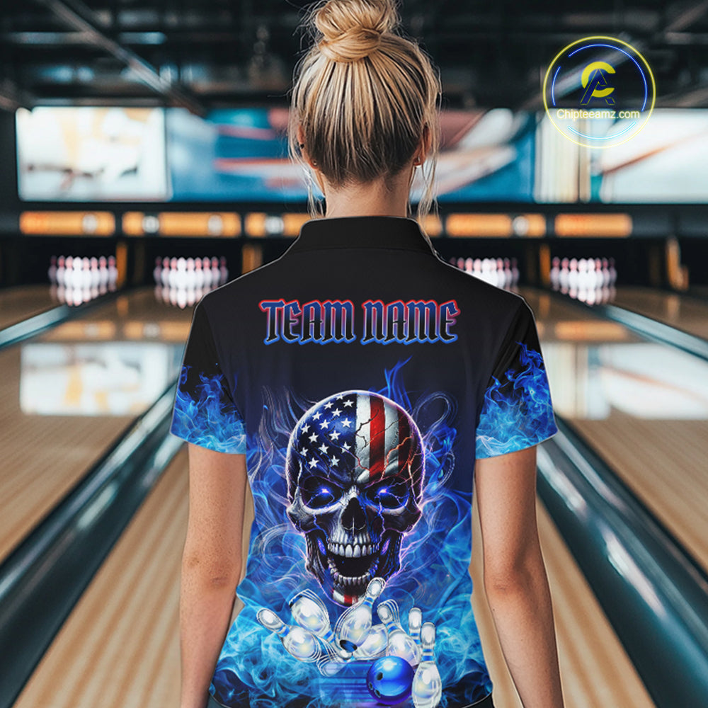 Blue Flame Smoke American Flag Eagle Skull Bowling Shirts Custom Patriotic Bowling Team Jersey