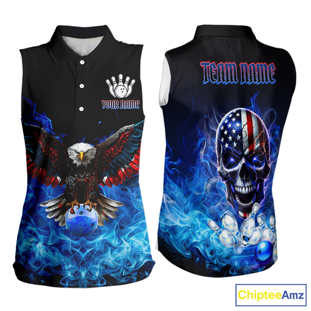Blue Flame Smoke American Flag Eagle Skull Bowling Sleeveless Polos Custom Patriotic Bowling Jersey