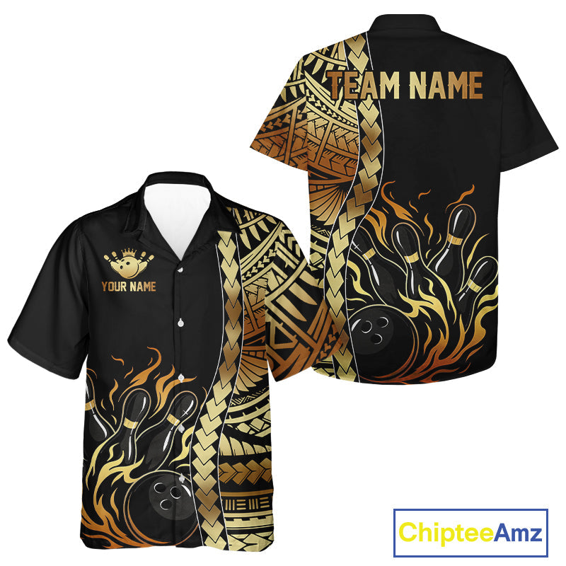 Custom Black And Gold Flame tribal pattern Bowling Team Hawaiian shirt, Bowling Button up shirt