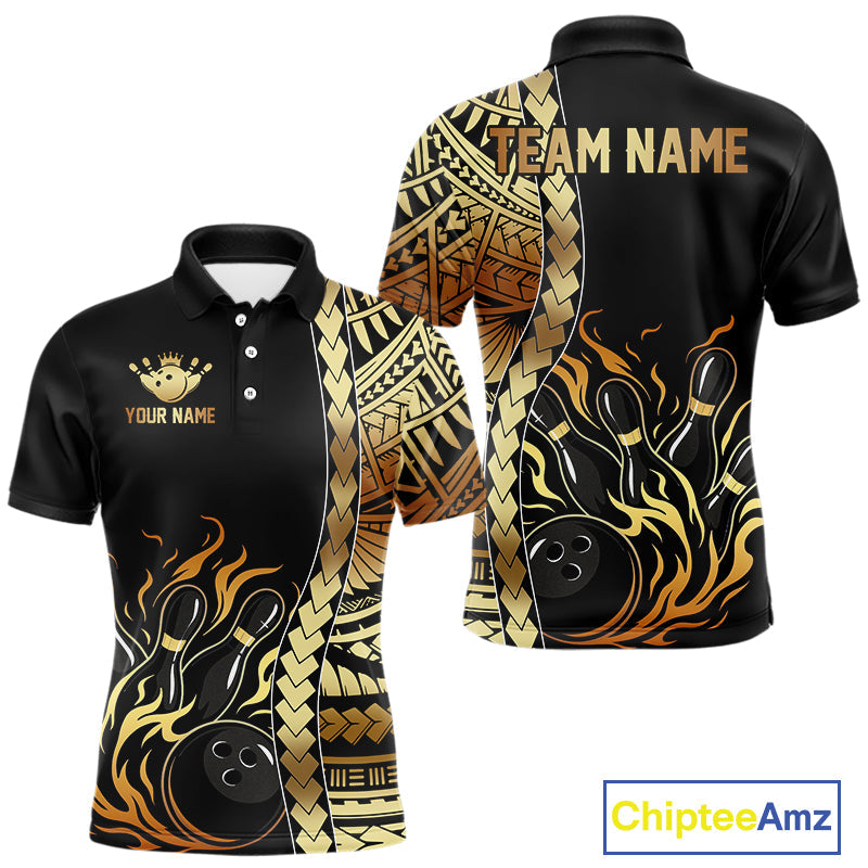 Custom Black And Gold Flame tribal pattern Bowling Team Polo, 1/4 Zip Shirts, Bowling Jerseys