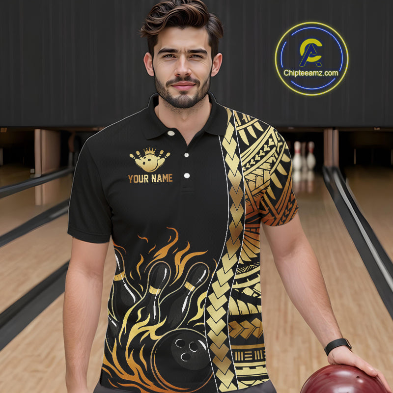 Custom Black And Gold Flame tribal pattern Bowling Team Polo, 1/4 Zip Shirts, Bowling Jerseys
