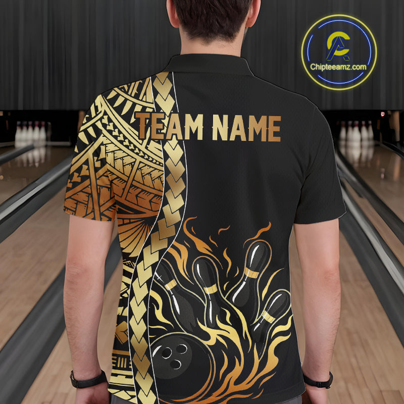 Custom Black And Gold Flame tribal pattern Bowling Team Polo, 1/4 Zip Shirts, Bowling Jerseys