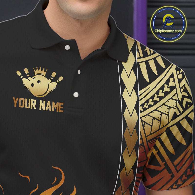 Custom Black And Gold Flame tribal pattern Bowling Team Polo, 1/4 Zip Shirts, Bowling Jerseys