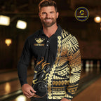 Custom Black And Gold Flame tribal pattern Bowling Team Polo, 1/4 Zip Shirts, Bowling Jerseys