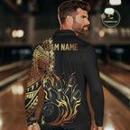 Custom Black And Gold Flame tribal pattern Bowling Team Polo, 1/4 Zip Shirts, Bowling Jerseys