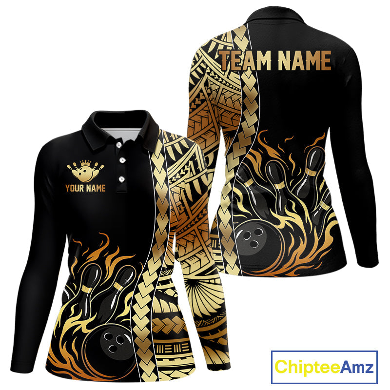 Custom Black And Gold Flame tribal pattern Bowling Team Polo, 1/4 Zip Shirt, Bowling Jersey