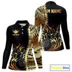 Custom Black And Gold Flame tribal pattern Bowling Team Polo, 1/4 Zip Shirt, Bowling Jersey