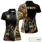 Custom Black And Gold Flame tribal pattern Bowling Team Polo, 1/4 Zip Shirt, Bowling Jersey