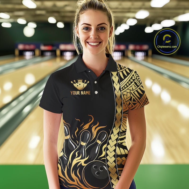 Custom Black And Gold Flame tribal pattern Bowling Team Polo, 1/4 Zip Shirt, Bowling Jersey