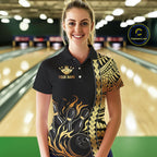 Custom Black And Gold Flame tribal pattern Bowling Team Polo, 1/4 Zip Shirt, Bowling Jersey