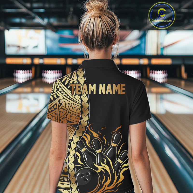 Custom Black And Gold Flame tribal pattern Bowling Team Polo, 1/4 Zip Shirt, Bowling Jersey