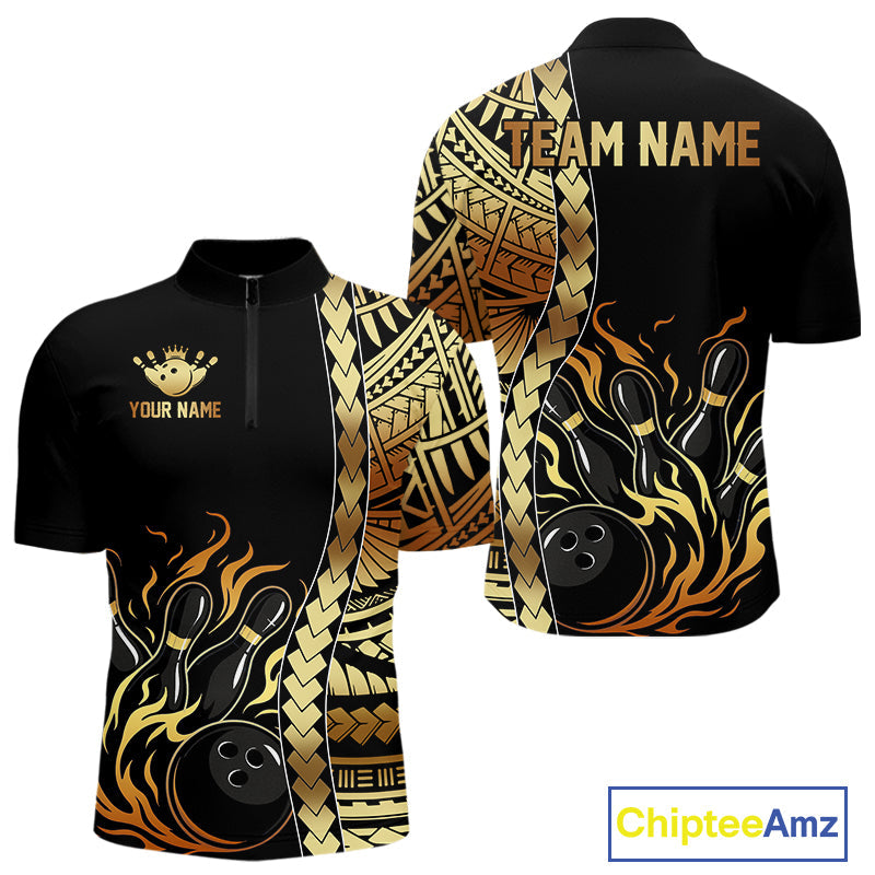 Custom Black And Gold Flame tribal pattern Bowling Team Polo, 1/4 Zip Shirts, Bowling Jerseys