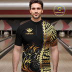 Custom Black And Gold Flame tribal pattern Bowling Team Polo, 1/4 Zip Shirts, Bowling Jerseys