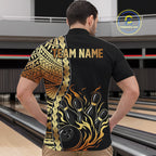 Custom Black And Gold Flame tribal pattern Bowling Team Polo, 1/4 Zip Shirts, Bowling Jerseys