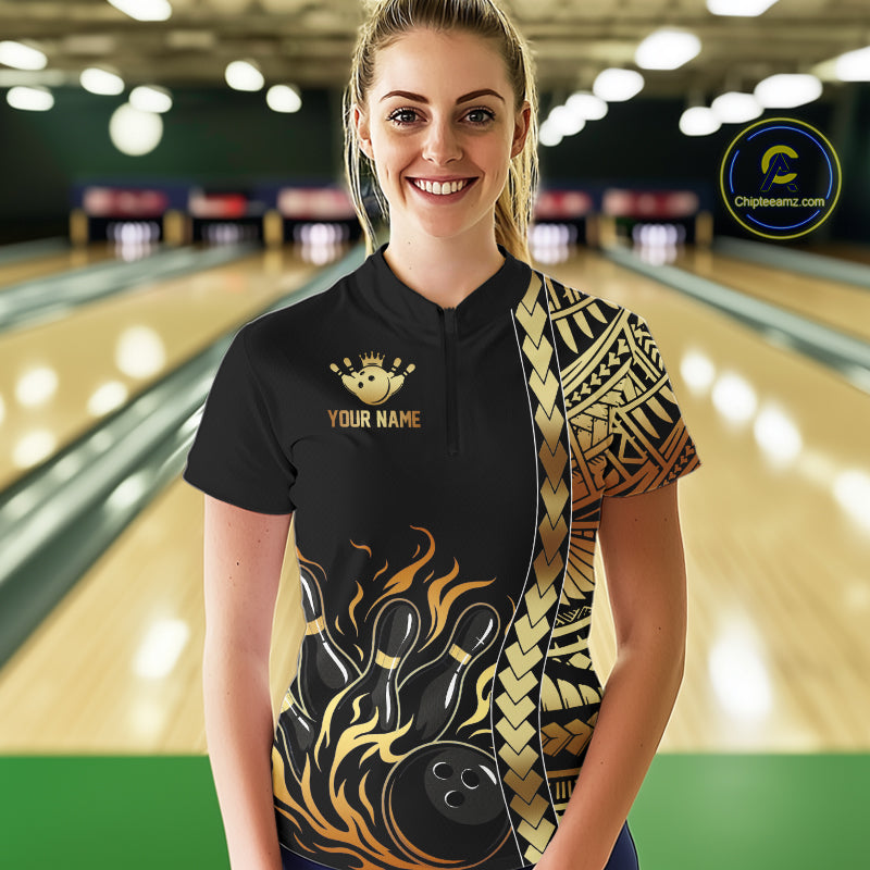 Custom Black And Gold Flame tribal pattern Bowling Team Polo, 1/4 Zip Shirt, Bowling Jersey