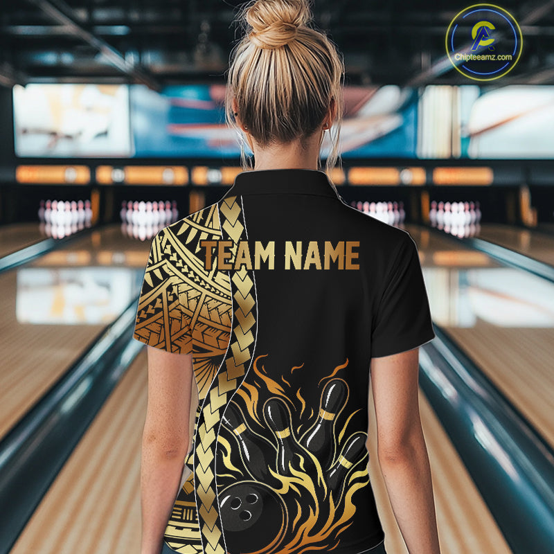 Custom Black And Gold Flame tribal pattern Bowling Team Polo, 1/4 Zip Shirt, Bowling Jersey