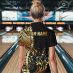 Custom Black And Gold Flame tribal pattern Bowling Team Polo, 1/4 Zip Shirt, Bowling Jersey