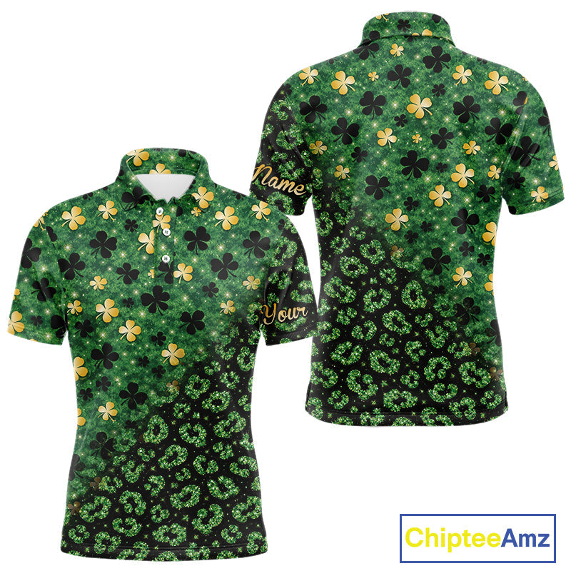 Green and Gold Clover glitter leopard St Patrick's day pattern custom shamrock golf polo shirts