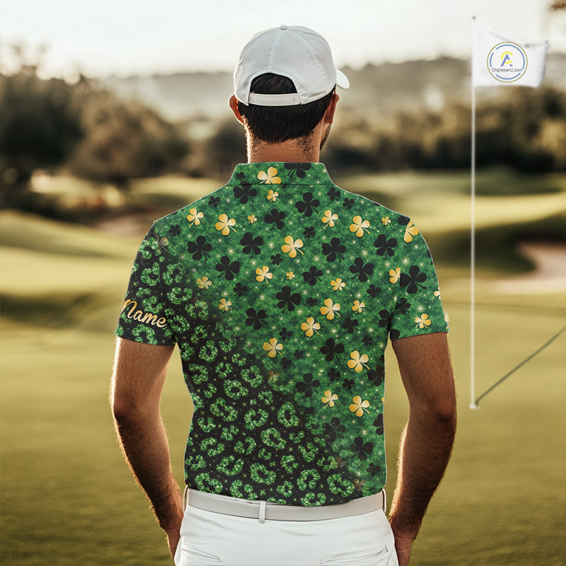 Green and Gold Clover glitter leopard St Patrick's day pattern custom shamrock golf polo shirts