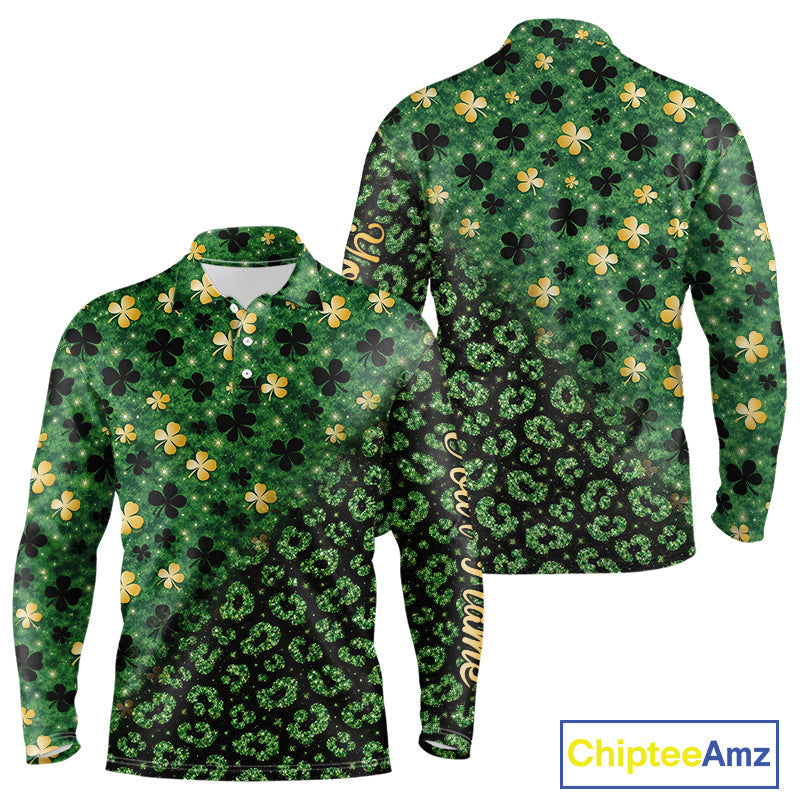 Green and Gold Clover glitter leopard St Patrick's day pattern custom shamrock golf polo shirts