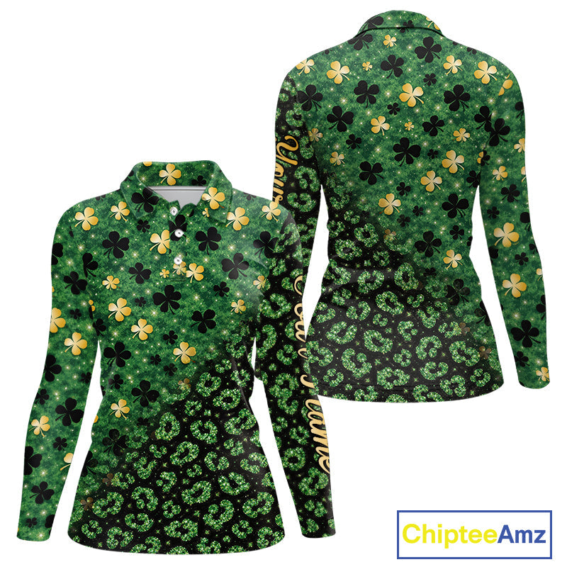 Green and Gold Clover glitter leopard St Patrick's day pattern custom shamrock golf polo shirts