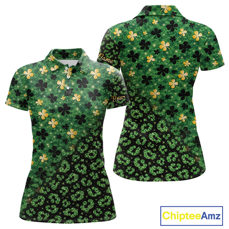Green and Gold Clover glitter leopard St Patrick's day pattern custom shamrock golf polo shirts