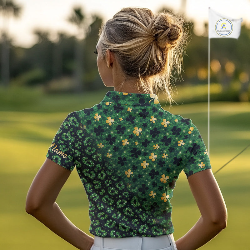 Green and Gold Clover glitter leopard St Patrick's day pattern custom shamrock golf polo shirts