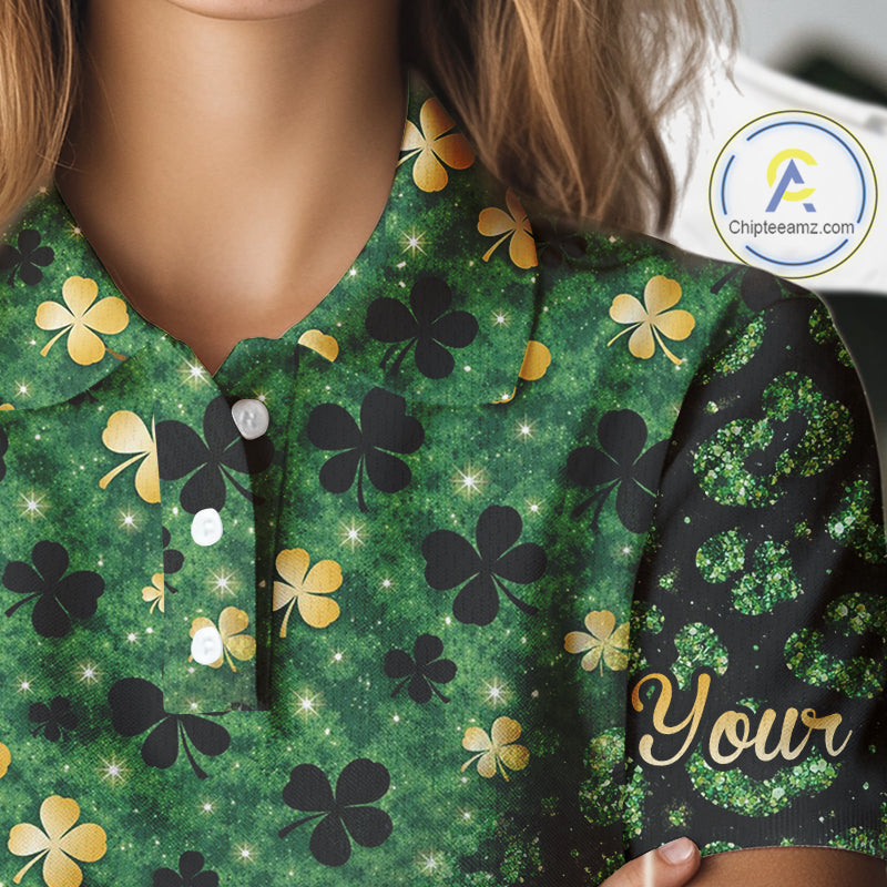 Green and Gold Clover glitter leopard St Patrick's day pattern custom shamrock golf polo shirts