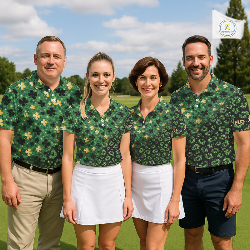 Green and Gold Clover glitter leopard St Patrick's day pattern custom shamrock golf polo shirts