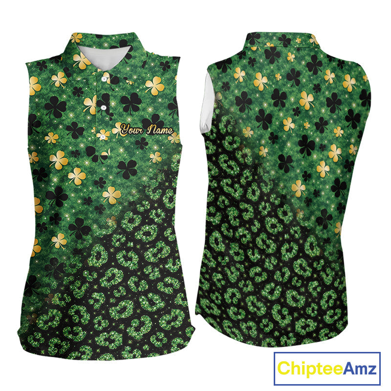 Green and Gold Clover glitter leopard St Patrick's day pattern custom sleeveless golf tops