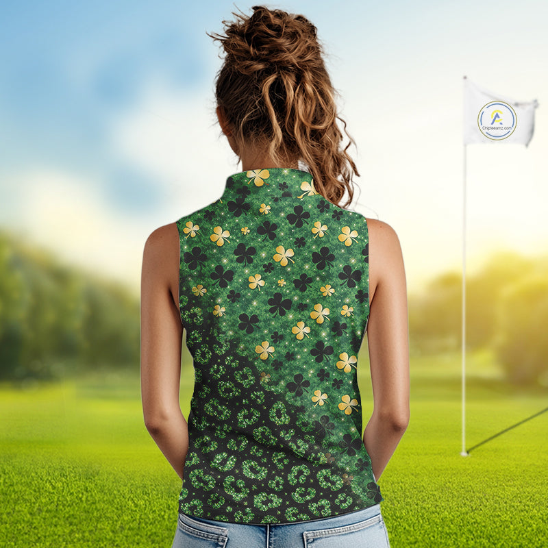 Green and Gold Clover glitter leopard St Patrick's day pattern custom sleeveless golf tops