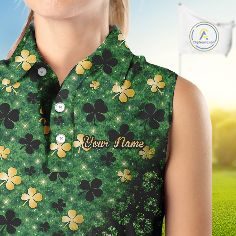 Green and Gold Clover glitter leopard St Patrick's day pattern custom sleeveless golf tops
