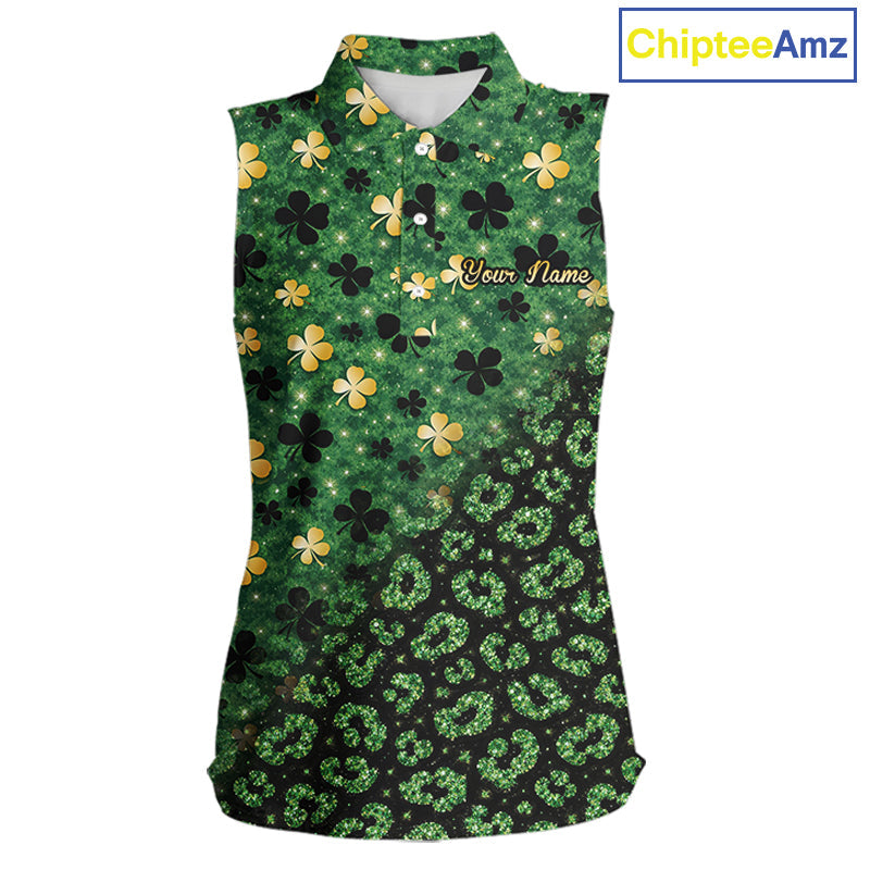 Green and Gold Clover glitter leopard St Patrick's day pattern custom sleeveless golf tops