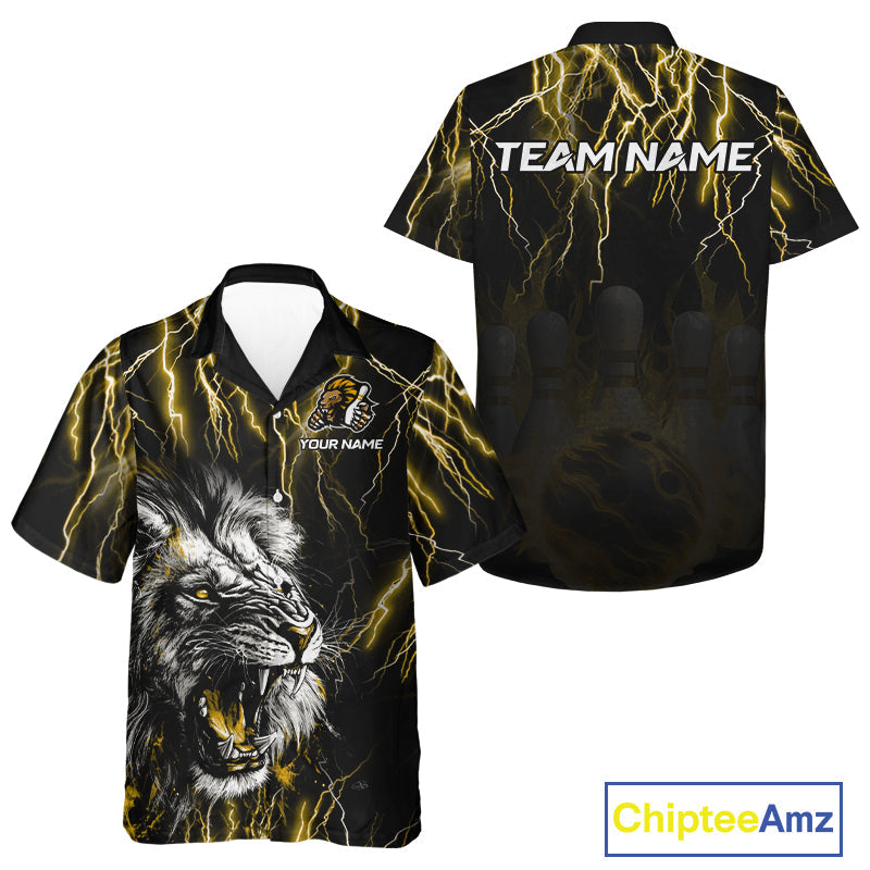 Black & Yellow Lightning Thunder Lion Bowling Hawaiian Shirt Custom Lion Bowling Team Button up Shirt