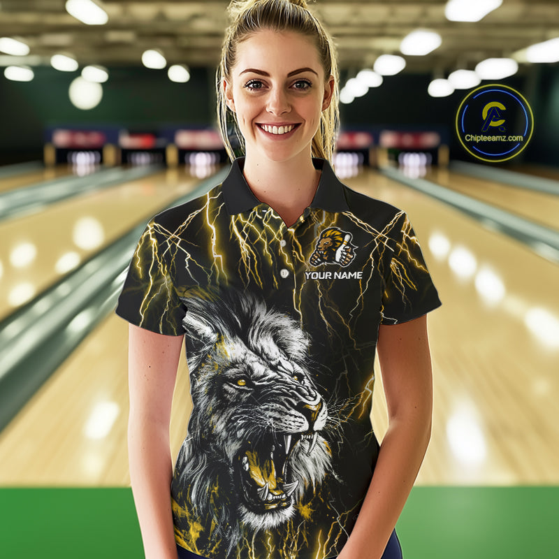 Black and Yellow Lightning Thunder Lion Bowling Shirt Custom Lion Bowling Team Jerseys