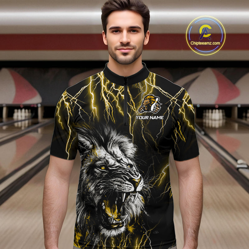 Black and Yellow Lightning Thunder Lion Bowling Shirt Custom Lion Bowling Team Jerseys