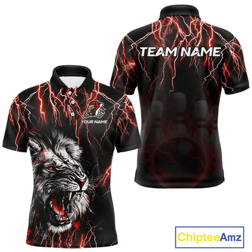 Black and Red Lightning Thunder Lion Bowling Shirt Custom Lion Bowling Team Jerseys