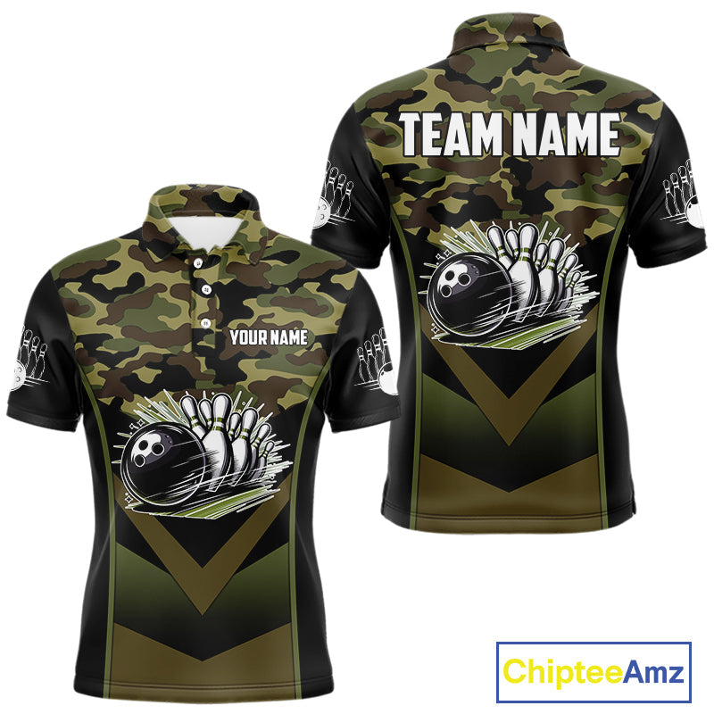 Black green camo polo, quarter Zip bowling shirts Custom bowling team league jerseys