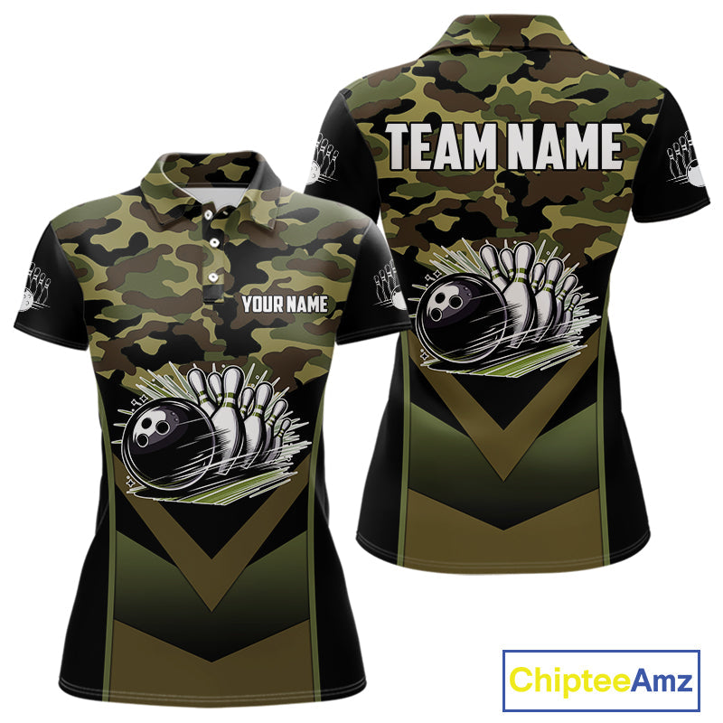 Black green camo polo, quarter Zip bowling shirts Custom bowling team league jerseys